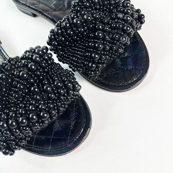 CHANEL Black Fantasy Pearl Cord Sandals Size 37 Mules Open Toe Slides CC Flat - Picture 3 of 12